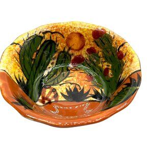 Vintage Hand-Painted Mexican Pottery Bowl Vibrant Calavera Desert Scene 5.5" Dia